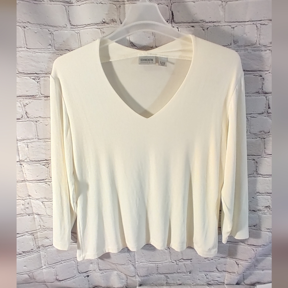 Chicos Travelers Size 3 V Neck White 3/4 Sleeve Blouse